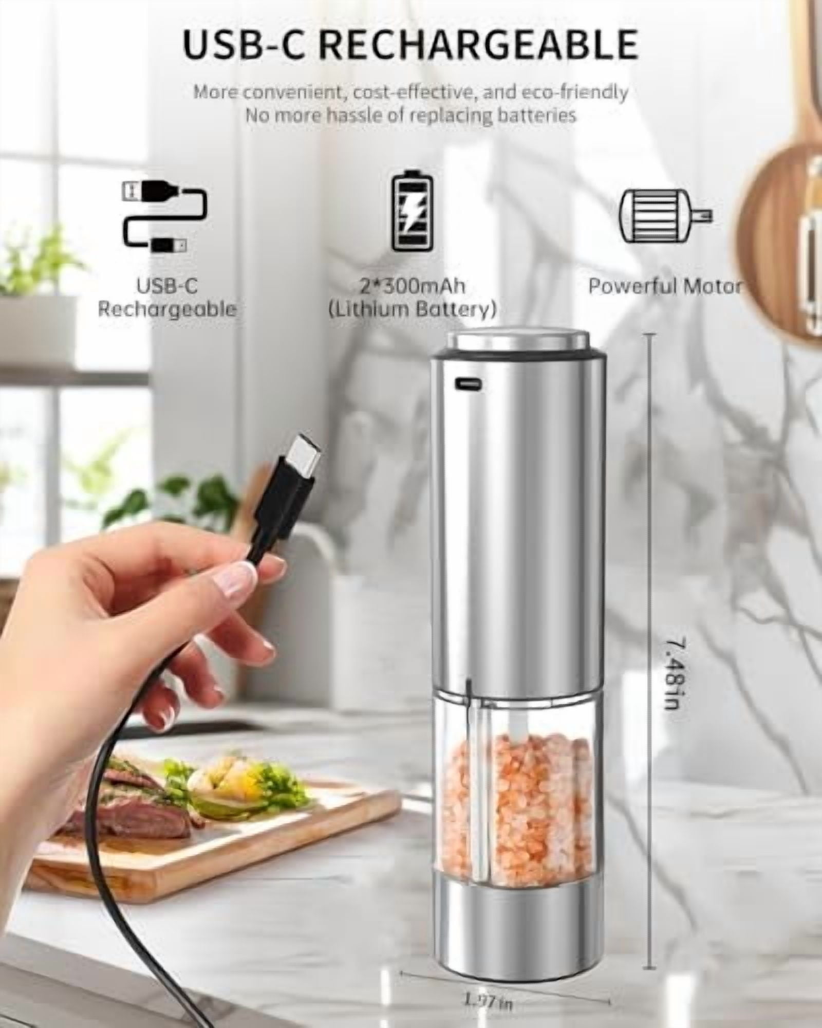 Electric Pepper Grinder Stainless Steel Rechargeable Pepper Mill with Variable Grinding Speed, External Adjustable Coarseness, 95ml Container and White LED Light, Silver