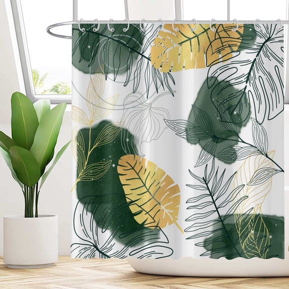 Green Boho Chic Shower Curtain, Abstract Aesthetic Tropical Leaf with Gold Botanical Branch Modern Bathroom Curtain for Bathtub Home Decor Waterproof Fabric Machine Washable, 72x84 inch