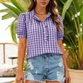 thumbnail image 4 of TEAJOPSUU Plaid Tops for Women V Neck Short Sleeve Button Down Placket Shirts Trendy Puff Sleeve Solid Color Blouses Purple, 4 of 8