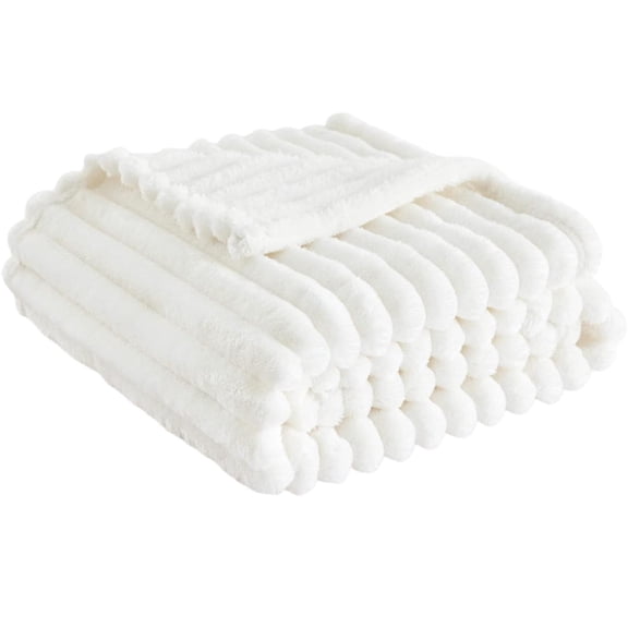 Soft Throw Blankets for Couch, 70X100 In, Fuzzy Throw Blanket, Ribbed Woven Texture, Indoor Relaxation, Off-White, 1 Pc