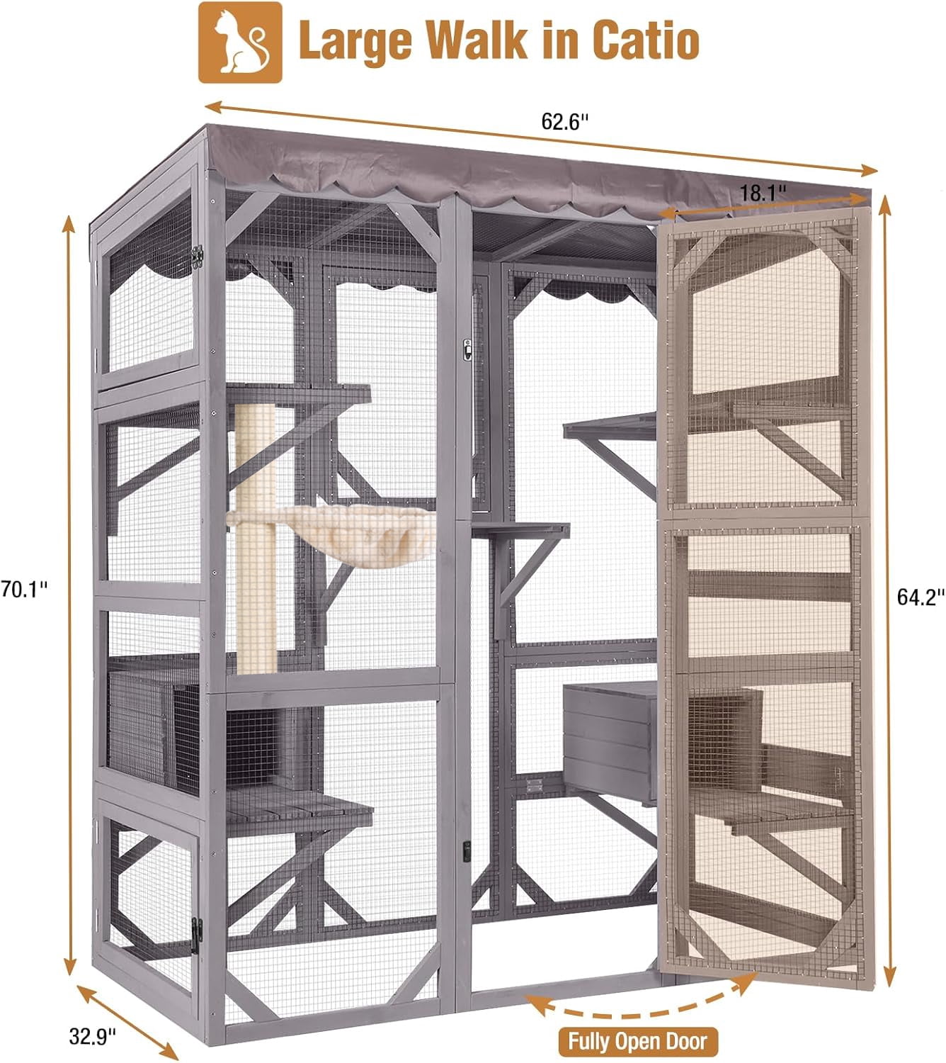 Aivituvin Large Catio Outdoor Cat Enclosure with Condos, Wood Window Catio Walk in Cat House, Kitty Shelter Indoor with with Door, Platform 70" Gray