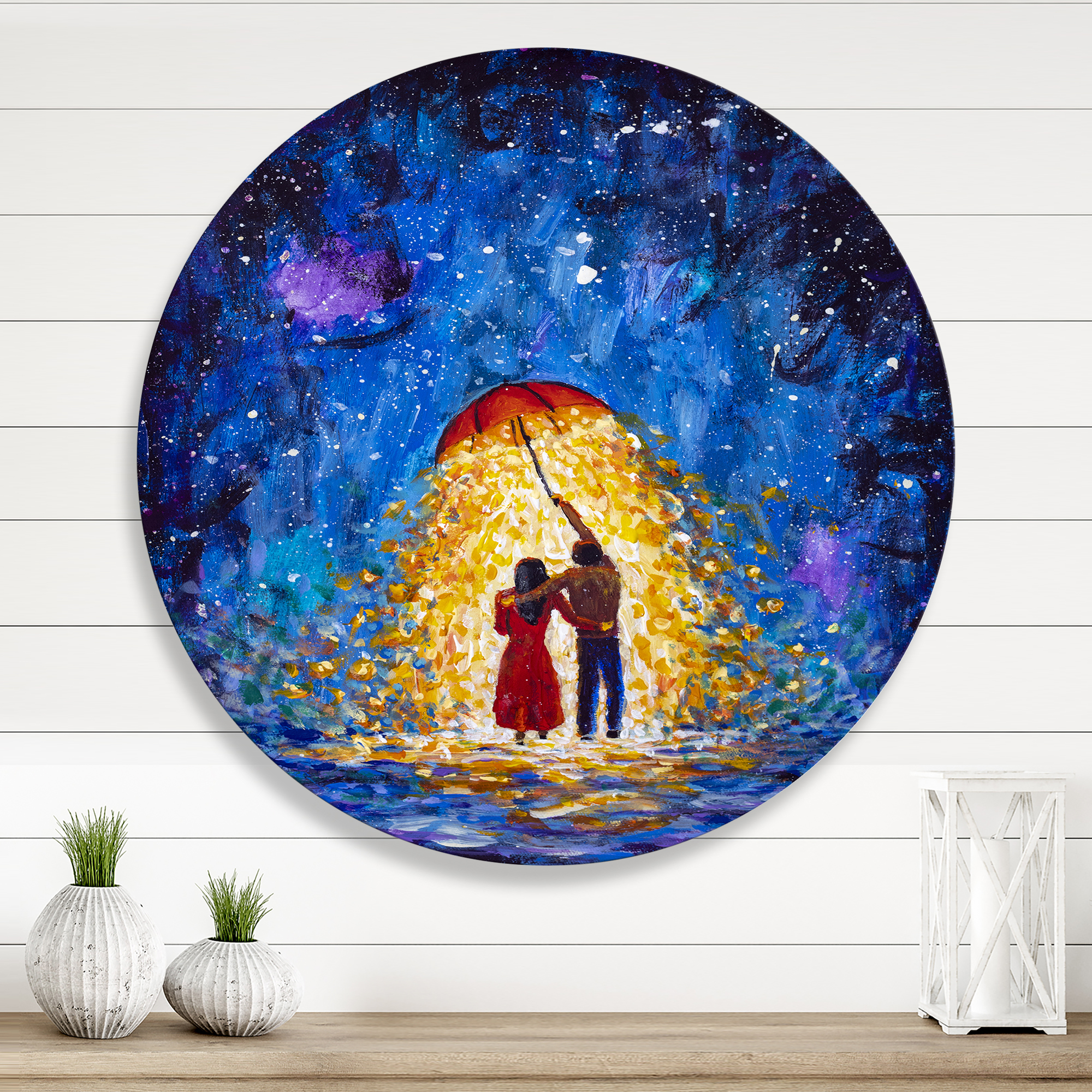 Designart 'Abstract Couple In Love Walks Under Glowing Umbrella' French Country Circle Metal Wall Art 23x23 - Disc of 23