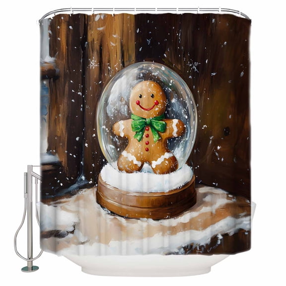 Christmas Winter Shower Curtain, 36" x 72", Snowflake Gingerbread Man Green Bow Waterproof Bathroom Curtain Washable Shower Curtain Set with 12 Hooks