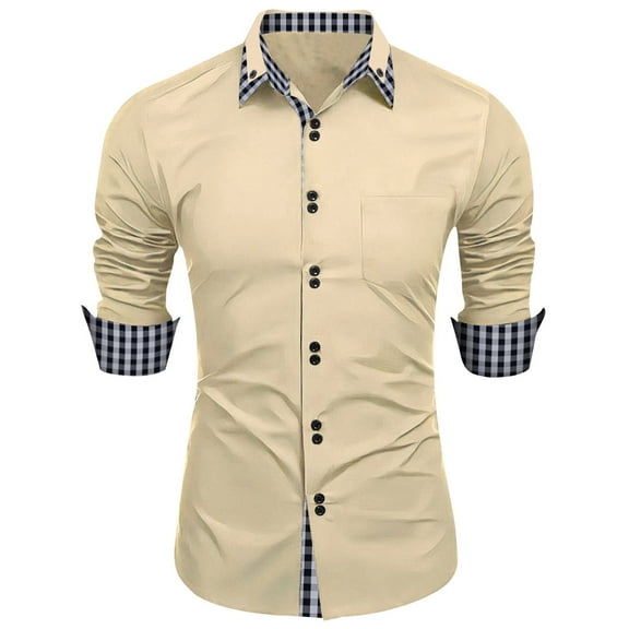 WREESH Men's Slim Stretch Formal Button Down Shirts Business Casual Long Sleeve Breathable Shirts Turn-Down Collar Solid Color Tops with Pocket Khaki