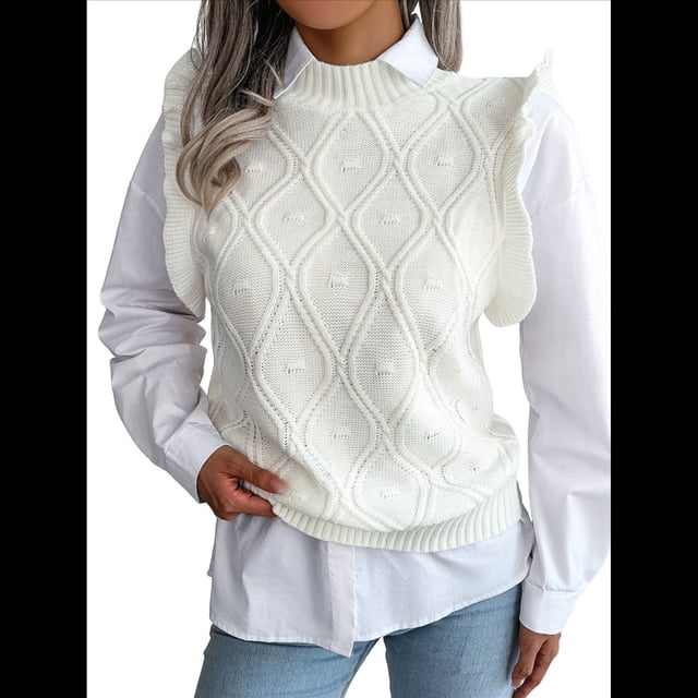 Suéter Sin Mangas con Volantes para Mujer, Cuello Redondo, Tejido de Punto, para Verano M