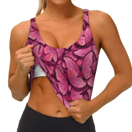 Qokaie Butterfly Pattern Womens Scoop Neck Sports Bra Breathable Workout Vest Padded U Back Medium Impact Fitness Gym Yoga Bra Workout Crop Top
