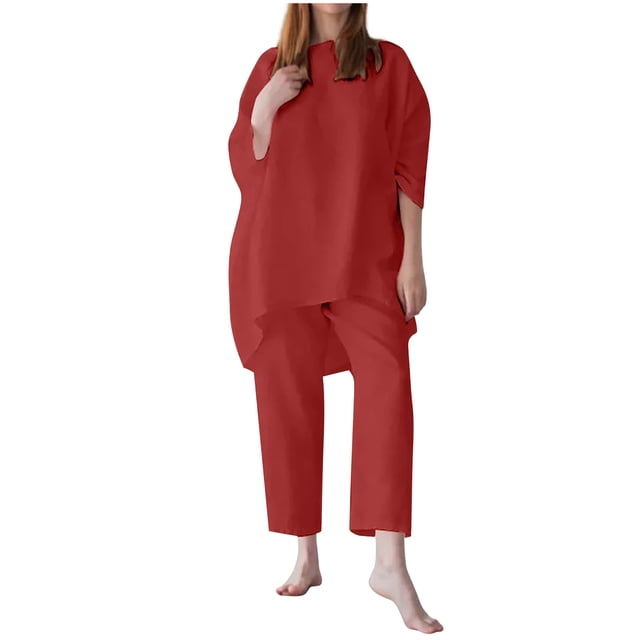 Blusa de manga larga sólida con cuello redondo para mujer a la moda de 2 piezas + conjuntos de pantalones sueltos Wmkox8yi bvn1416