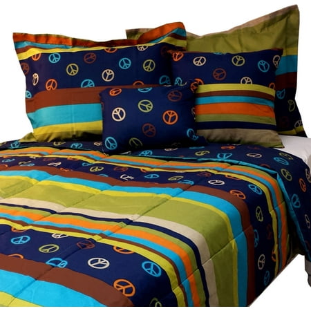 Peace Sign Bed Comforter Set Hippie Stripes Bedding ...