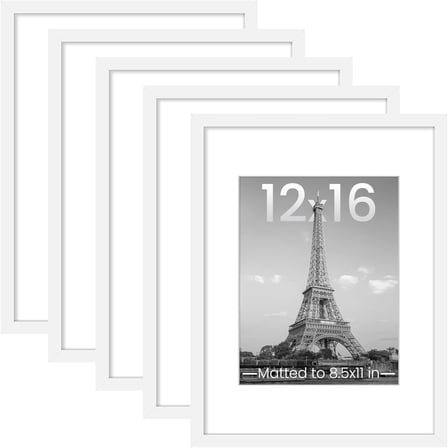 12x16 Picture Frame Set of 5, Display Pictures 8.5x11 with Mat or 12 x 16 Without, Wall Gallery Poster Frames, White