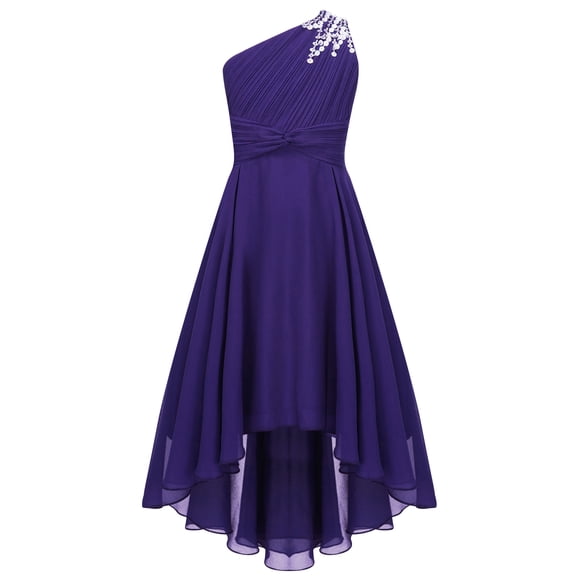 TiaoBug Kids One Shoulder Flower Girl Dress Ruched High Low Wedding Party Gown A Line Maxi Summer Dresses Purple 16