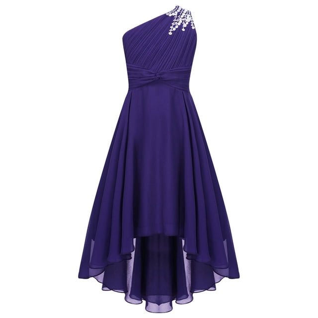 Venjoe Robe de Fête Sans Manches à une Épaule pour Filles, Perles Brillantes, Ourlet Haut-Bas, Robe de Bal Formelle Violette 6