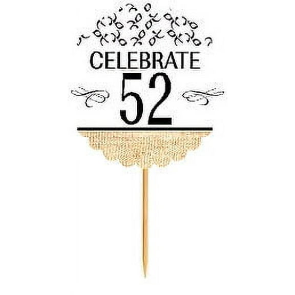 52nd Birthday / Anniversary Novelty Burlap Cupcake Decoration Picks -12pack