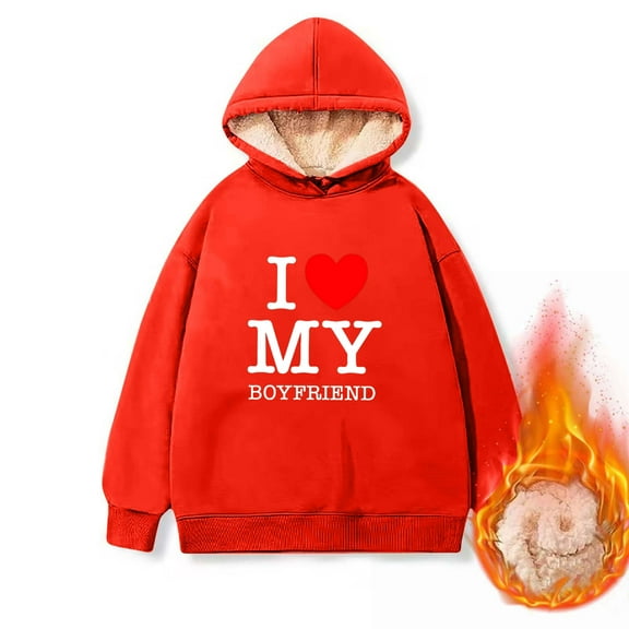 Wycnly Womens Plush Sweatshirt Valentine's Day Hoodies for Women Winter Warm Thickened Soft Fleece Lined Hooded Sweatshirt Fashion Letter Print Sherpa Pullover Sweater Tops