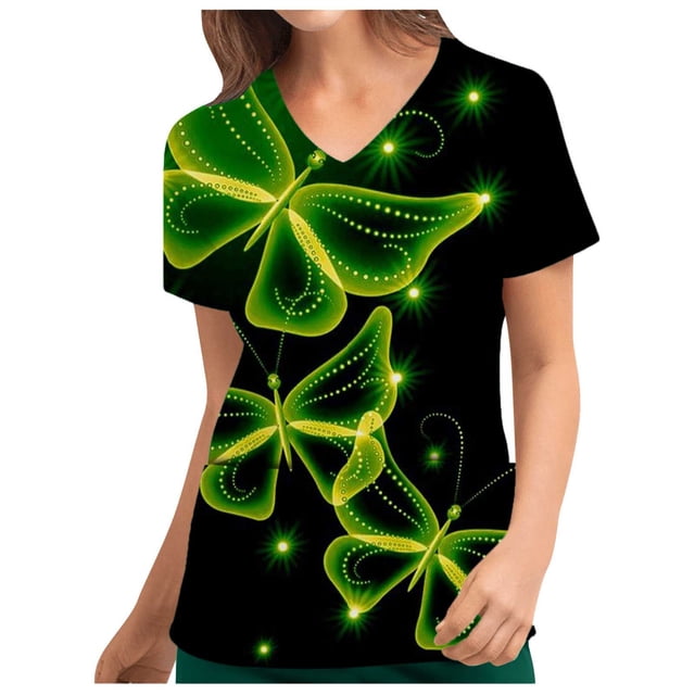 Uniforme de trabajo de enfermería con cuello en V y manga corta con estampado del Día de San Patricio para mujer a la moda Pompotops hkajfhjk460066