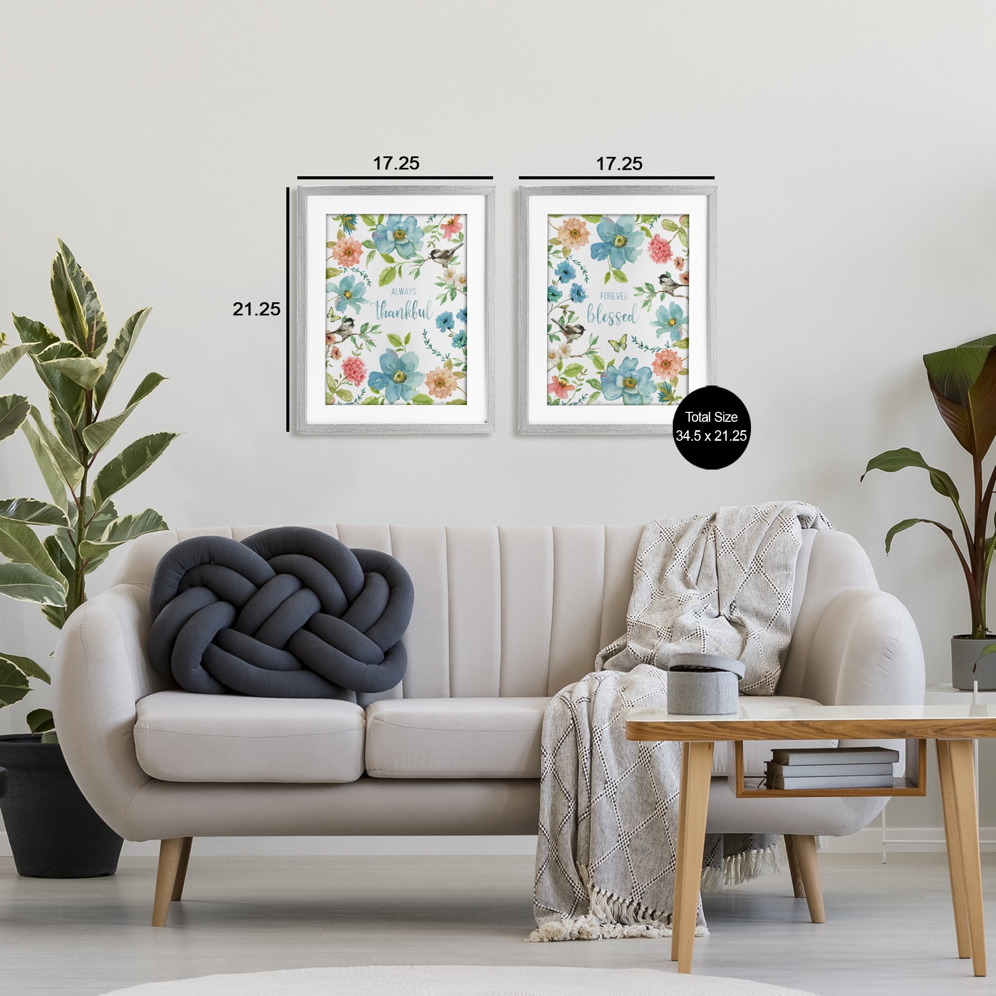 Stupell Industries Pink & Blue Gratitude Blooms 2 Piece Gray Framed Print Under Glass Set, design by Nan