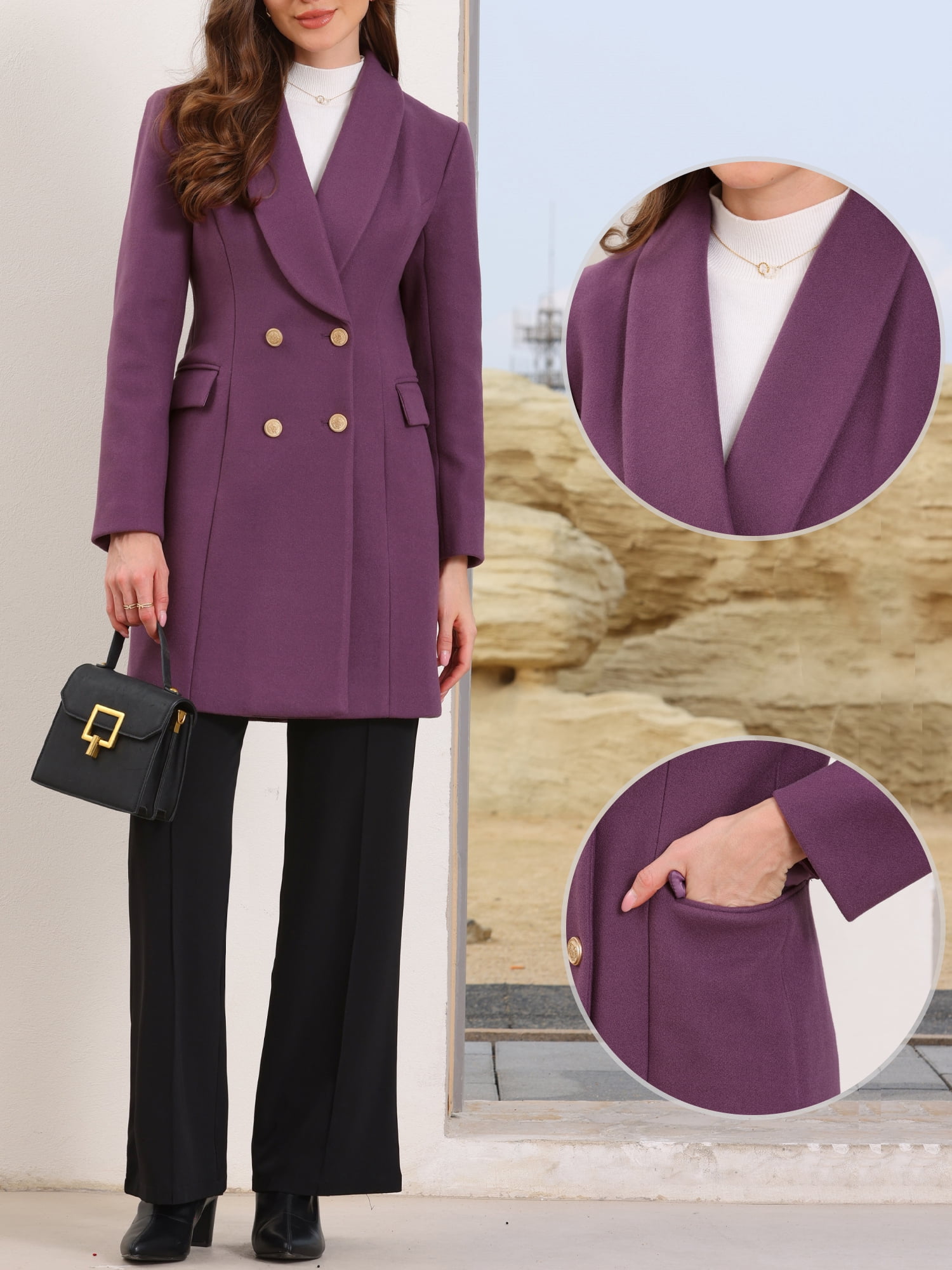 DARING DIVA Women's Double Breasted Shawl Collar Long Coat With Pockets XL Purple