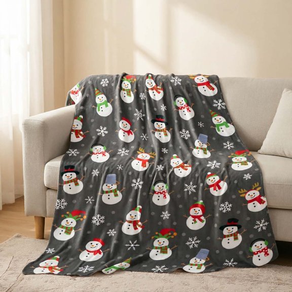 Grey Snowman Print Throw Blanket for Couch or Bed, Soft Flannel Warm Washable Decor Cover for Daily Use.