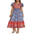 thumbnail image 1 of Robe Longue Femme Manches Courtes Col en V Robe Fleurie avec Ceinture, 1 of 9
