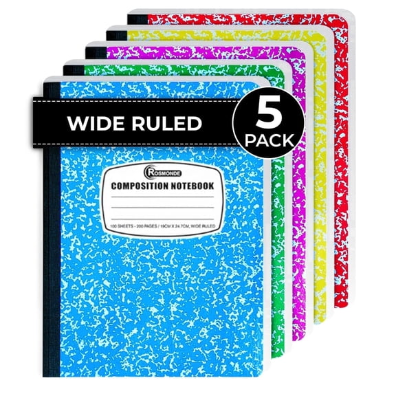 Rosmonde Composition Notebooks 5 Pack, Wide Ruled, 200 Pages (100 Sheets), 9.75 x 7.5 in, Hard Cover, Assorted Colors May Repeat, Notebooks for School, Work & Office Use