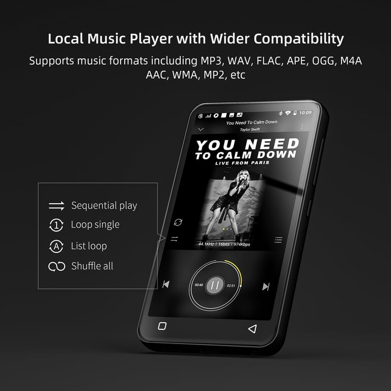 MP4 Player with Bluetooth and WiFi, 2050mAh 4.0 Full Touchscreen Portable  HiFi Sound Walkman, Play Music up to 50 Hours Lossless Digital Audio Player
