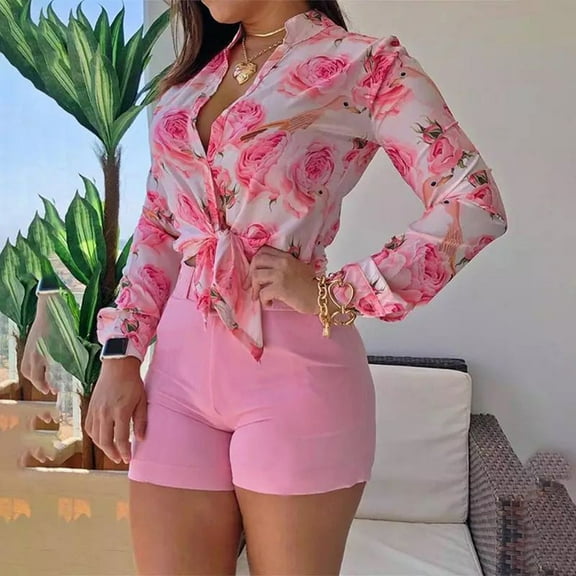 OKBOP Nursing Tops,Two Piece Set Printed Long Sleeve V-Neck Solid Short Casual Suit Purple Blouses for Women T Shirt