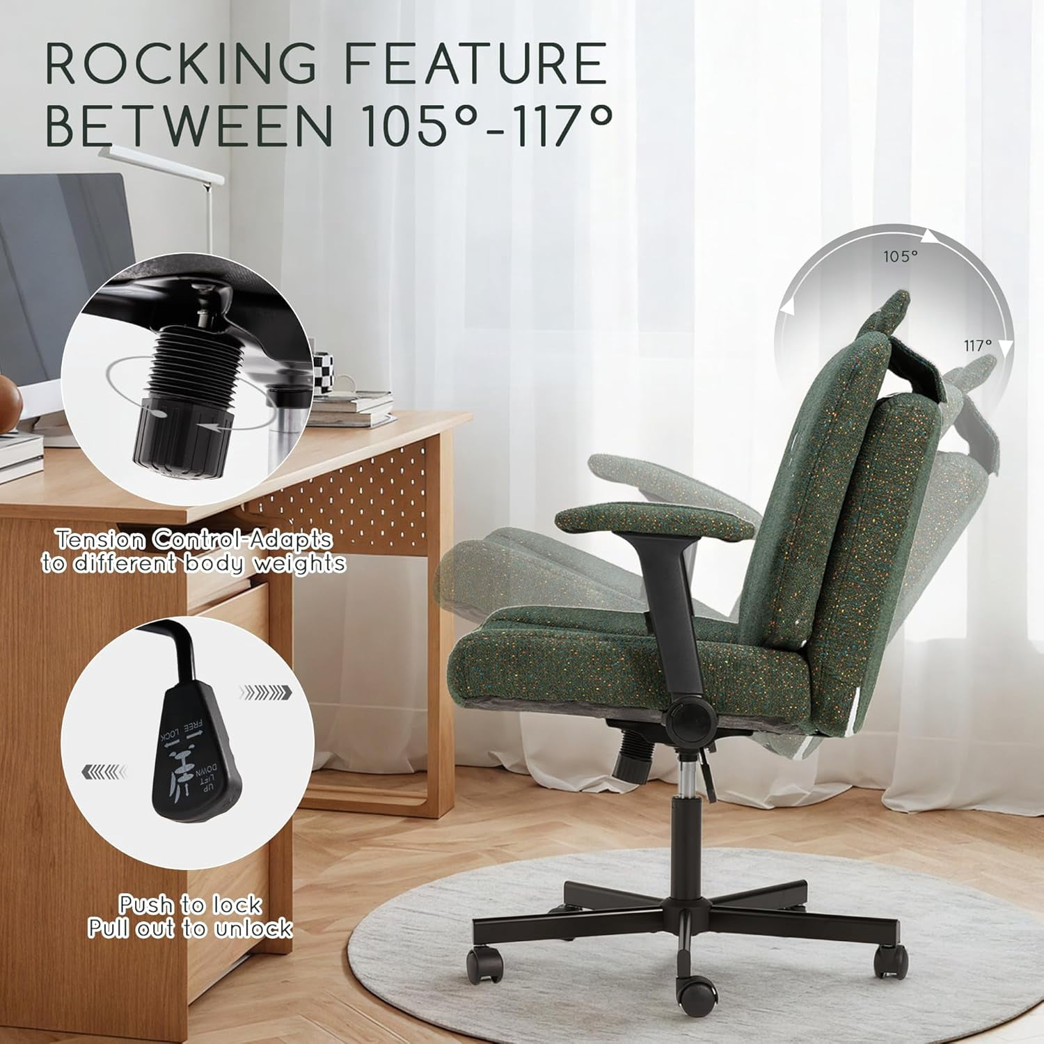 Vicluke Criss Cross Chair with Wheels, Oversized Office Chair Featuring Extra-Wide Seat & Adjustable Backrest for Home Office, Cute & Comfortable Chair for Dressing, Gaming, Reading(Green)
