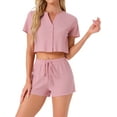 thumbnail image 1 of INSPIRAR CHIC Conjunto de Pijamas de Mujer de Tejido Waffle con Botones de Manga Corta y Pantalones Cortos 2 Piezas Set de Lounge L Rosa, 1 of 6