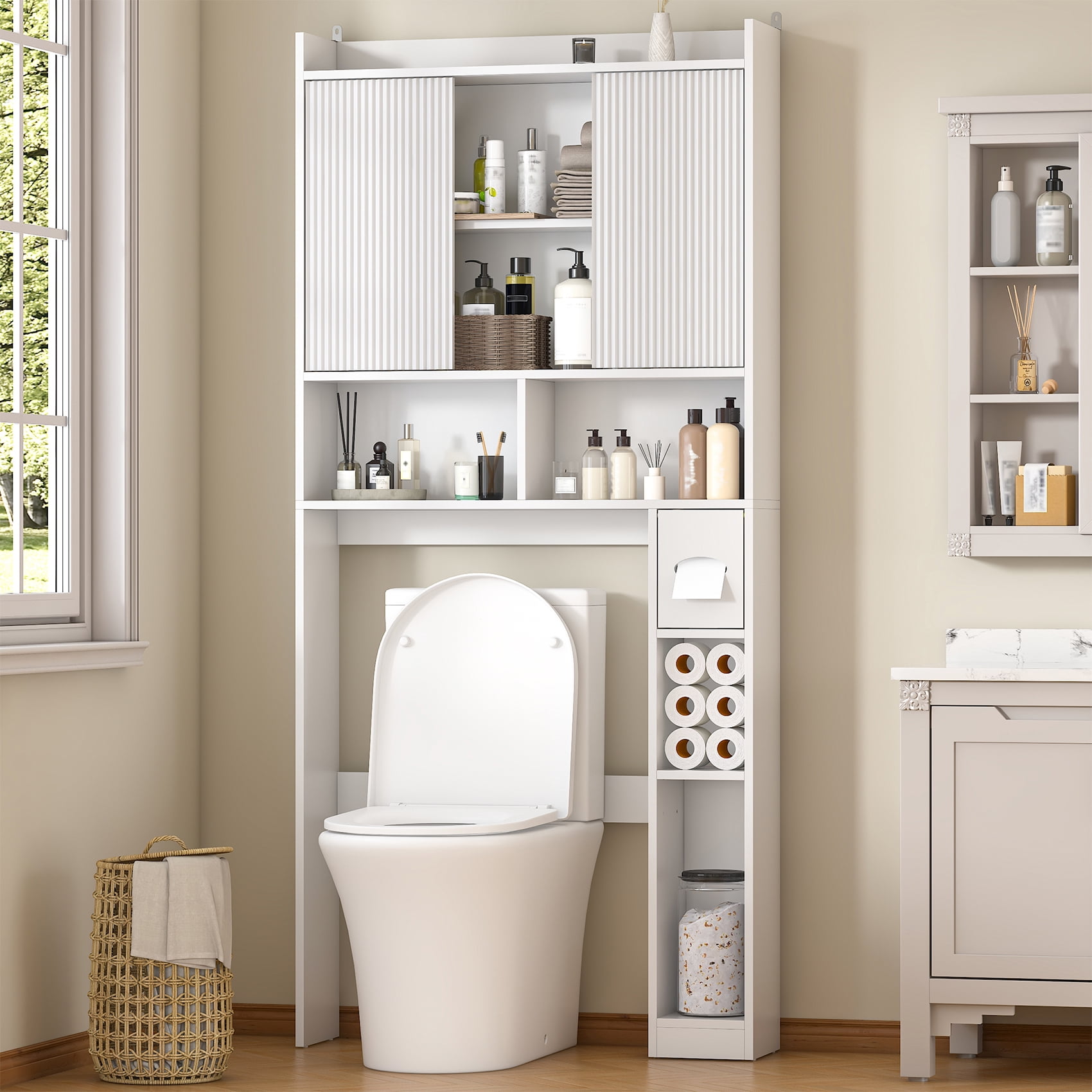 Frmobepts Over The Toilet Storage Cabinet with Toilet Paper Holder Stand, Above Toilet Organizer with Doors, Behind Toilet Shelf for Restroom, Bathroom, Laundry, White