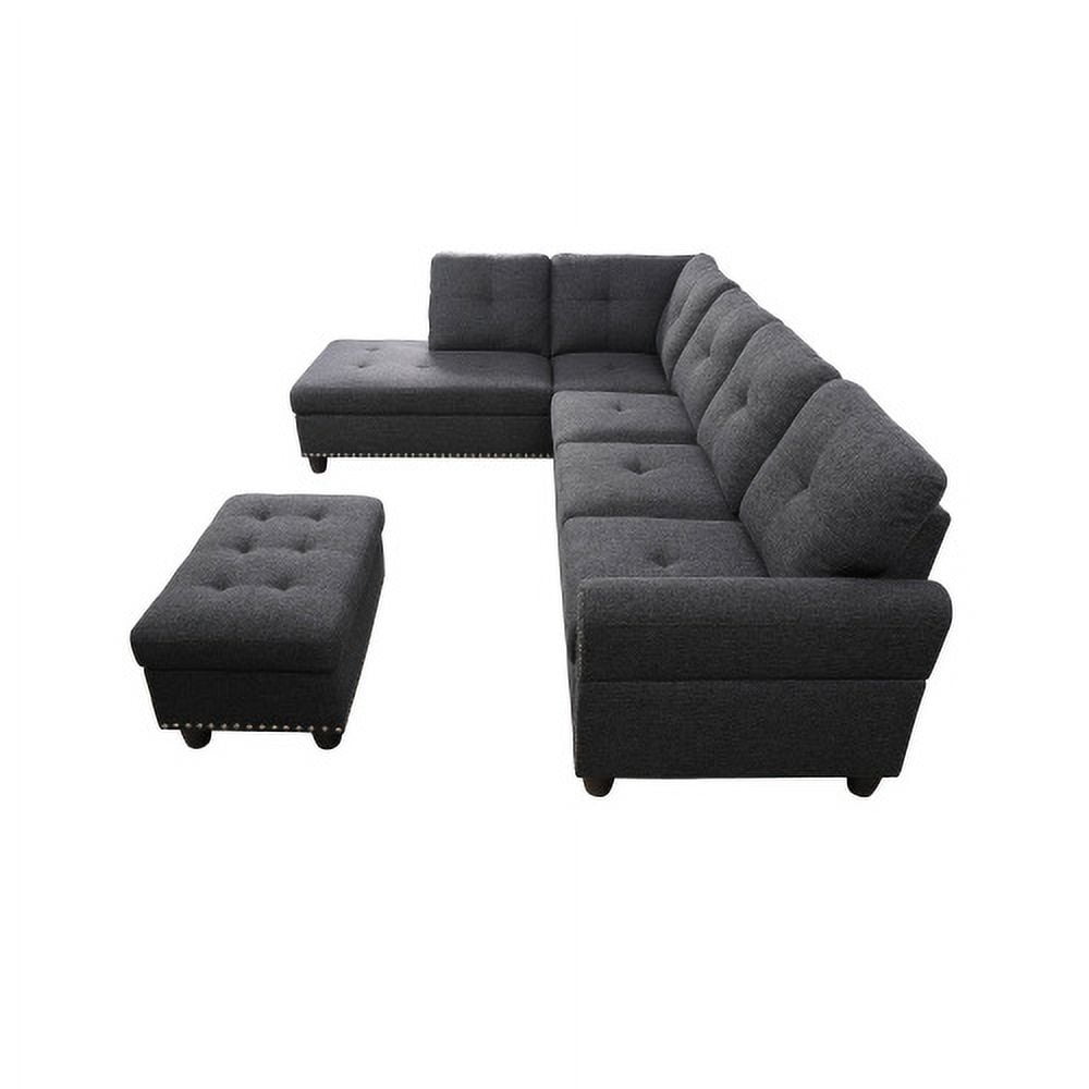 BSHTI Charcoal Gray Linen L-Shaped Sectional Sofa with Reversible Storage Chaise for Living Room, Storage Ottoman & Cup Holders, 3-Seat Contemporary Couch
