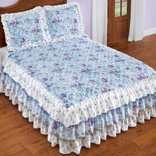 Romantic Lavender Roses on Ruffled Light Blue BedspreadMulticolorQueen