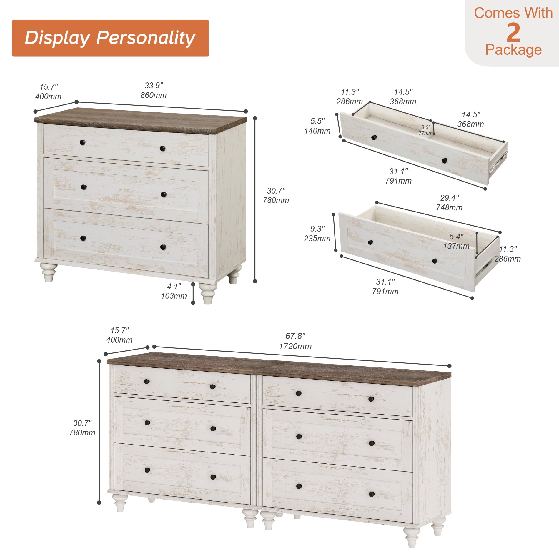 Farmhouse 6-Drawer Dresser, Wooden Storage Cabinet for Home, Rustic White