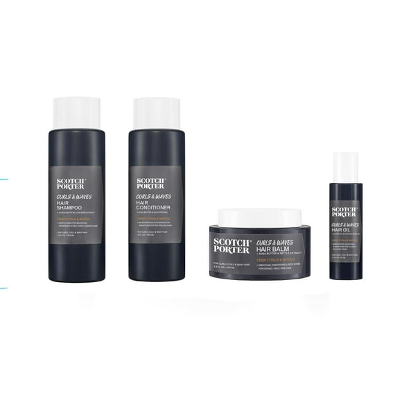 Scotch Porter Men's Ultimate Hair Care Collection for Curls & Wavesâ Includes Shampoo, Conditioner, Balm & Hair Oil â Crisp Citrus & Woods Scent