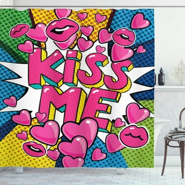 Kiss Me Shower Curtain, Retro Hearts and Lipstick Comic Book Style Lettering on Colorful Circles Backdrop, Fabric Bathroom Set with Hooks, 69W X 75L Inches Long, Multicolor, by Ambesonne
