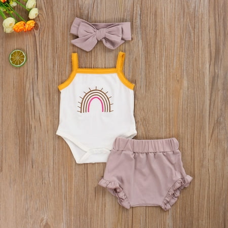 

One opening Summer Infant Baby Girl Boy Sleeveless Rainbow Romper High Waist Shorts Headband Outfits