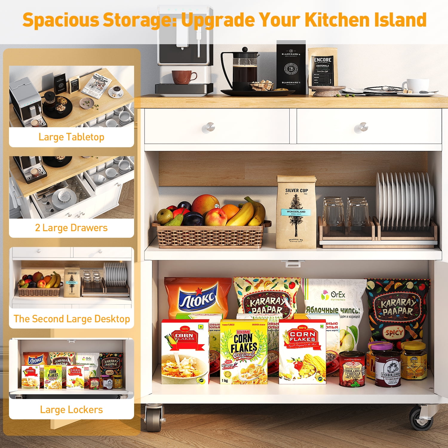 Rolling Kitchen Island with Folding Drop Leaf Top, Storage Cabinet & 2 Drawers, 35.4" W Kitchen Cart, Portable Mobile Kitchen Island with Lockable Wheels, Towel Rack and Adjustable Shelves, Blue