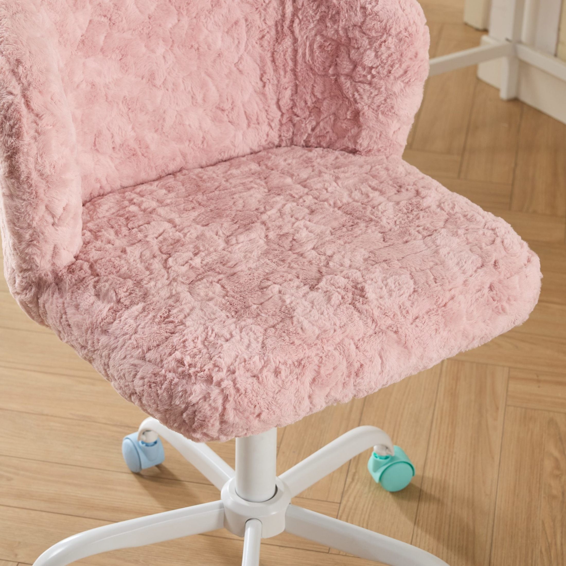 GDF Studio 22.5"W Faux Fur Office Chair with Adjustable Height, Swivel Metal Base, Pink