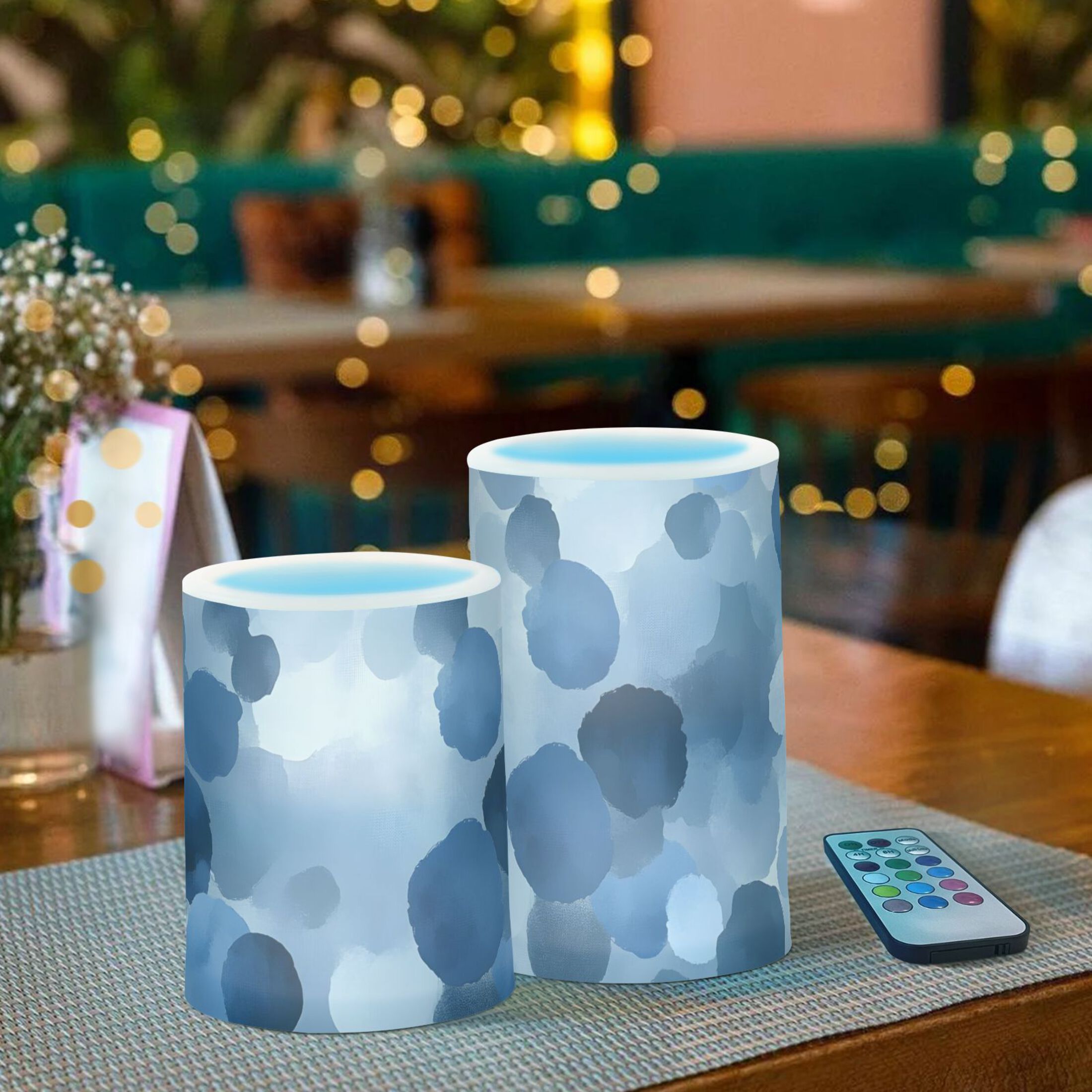 Watercolor Blue and Gray Dots Flickering Flameless Candles Battery Operated with Remote Timer LED Pillar Candles Set of 2