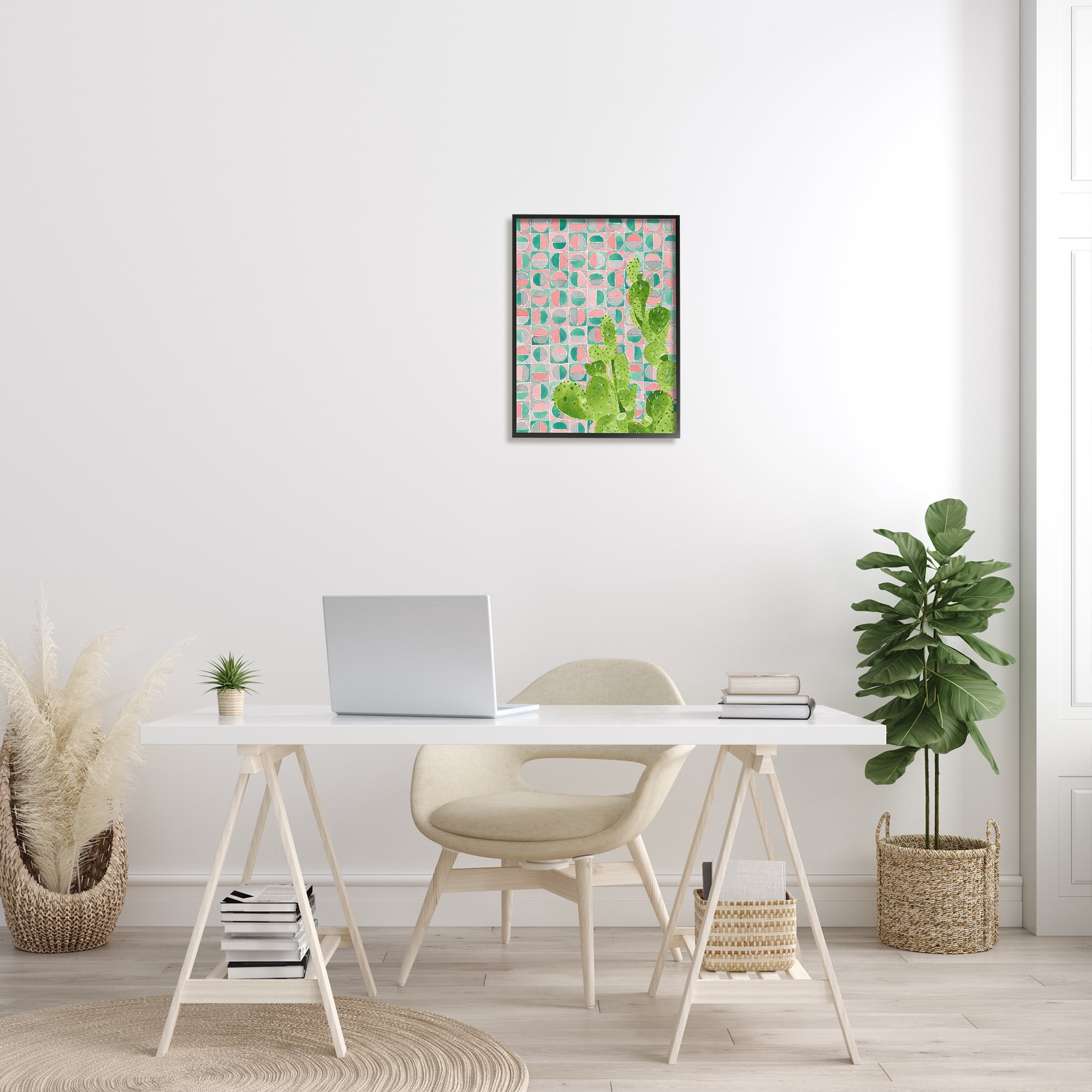 Stupell Industries Prickly Pear Desert Cactus over Geometric Pink Pattern Botanical & Floral Painting Black Framed Art Print Wall Art, 16 x 20
