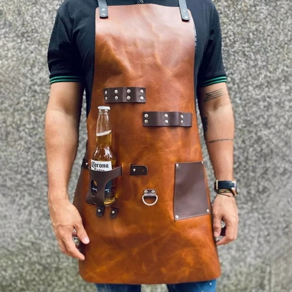 Leather Apron for Men & Women - Premium BBQ, Butcher, Chef Apron with Adjustable Straps & Pockets-(Pu Leather Brown)