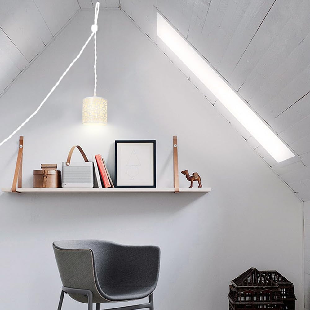 KAYYELAMP White Metal Lampshade E12 Base Minimalist Pendant Light Fixture 15 Feet Plug in Dimmer Cord Hanging Lamp for Kitchen Loft Dining Room(No Bulb)