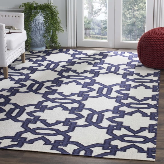 SAFAVIEH Dhurries Toria Geometric Wool Area Rug, Ivory/Purple, 6' x 6' Square
