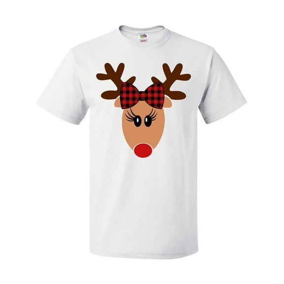 Inktastic Cute Girl Reindeer with Buffalo Plaid Bow T-Shirt