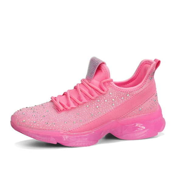 LUCKY STEP Fashion Rhinestone Mesh Sneaker Breathable Glitter Walking Shoes,Pink,Womens