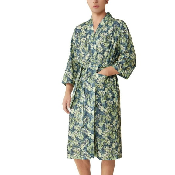 Men's Long Robe Palm Tree Printed Soft Wrap Kimono Bathrobe Short Sleeve Bath Robe Quick Dry Summer Knee Length Comfy Casual Green X-Small-Small