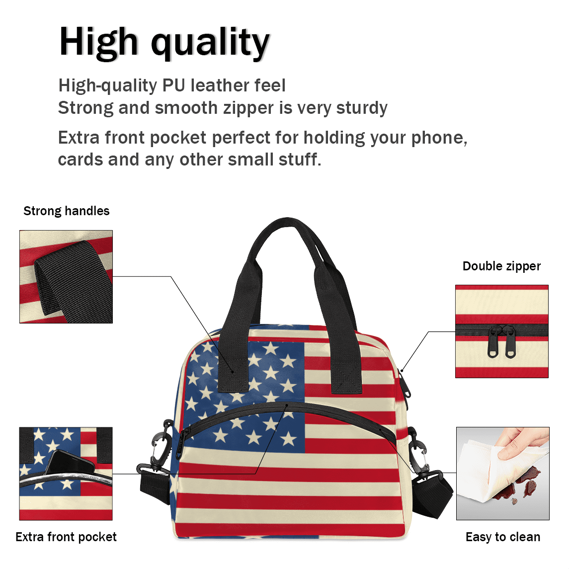 Herdesigns American USA Flag Insulated Lunch Bag for Women Men Adults Large Reusable Lunch Box 4th of July Leakproof Cooler Tote Bags with Adjustable Shoulder Strap