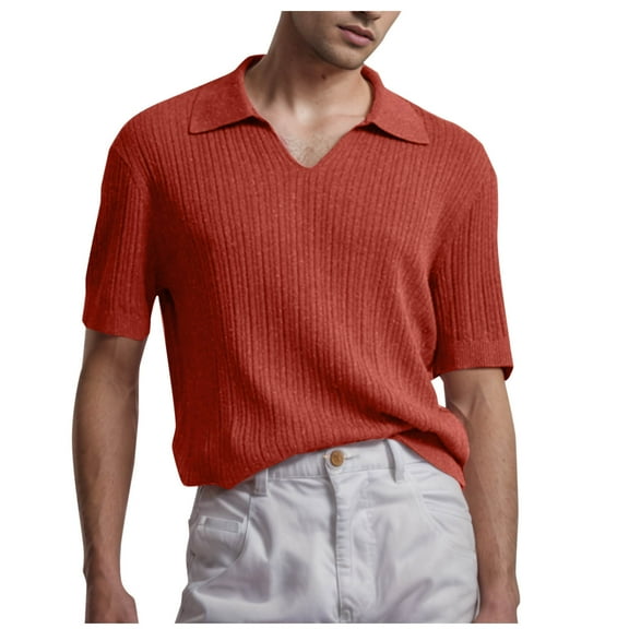 Men's Muscle Polo Shirts V Neck Slim Fit Ribbed T Shirts Short Golf Collar Shirt Knit Casual Tee