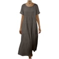 thumbnail image 1 of FRSASU Robe en Coton et Lin pour Femme à Manches Courtes, Col Rond, Robe Maxi Bohème, Décontractée, Été, Modeste, Longue et Fluide, Plage, Vacances, Gris G(L), 1 of 5