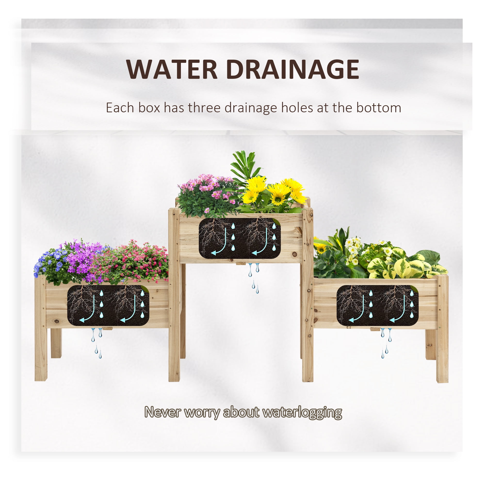 Outsunny 73" x 18" x 32" Raised Garden Bed w/ Three Elevated Planter Box, Freestanding Wooden Plant Stand for Vegetables, Herb, Flowers, Natural
