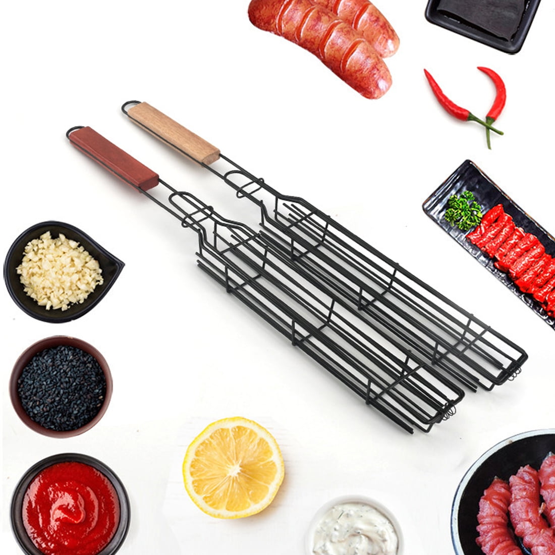 Sunjoy Tech Kabob Grilling Baskets, BBQ Grill Accessories Oak Handle