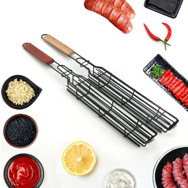 Sunjoy Tech Kabob Grilling Baskets, BBQ Grill Accessories Oak Handle